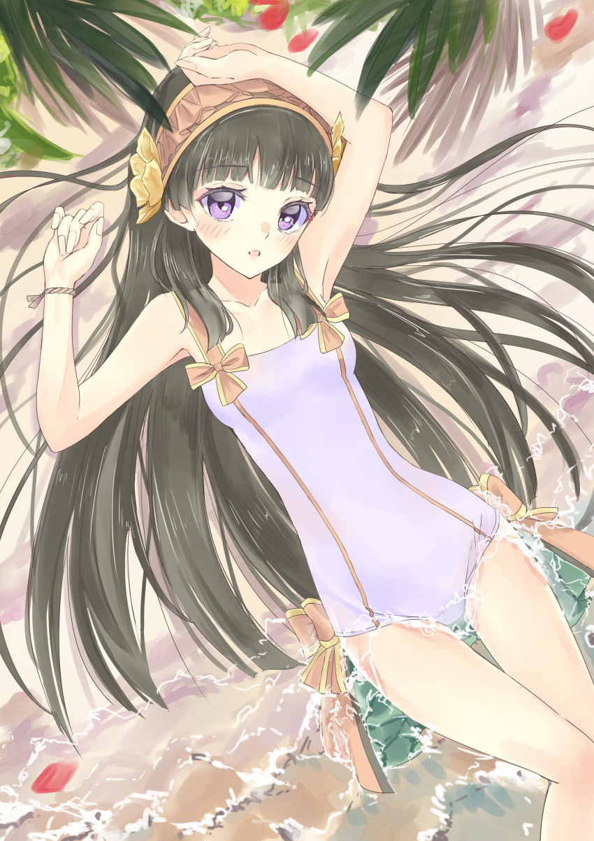 1girl absurdres armpits atelier_(series) atelier_shallie ateliermiyama bare_arms bare_legs beach black_hair blue_eyes blush breasts casual_one-piece_swimsuit collarbone day from_above hair_over_shoulder headdress highres long_hair looking_at_viewer lying on_back one-piece_swimsuit open_mouth outdoors purple_eyes shallistera_(atelier) shiny shiny_hair sketch small_breasts solo swimsuit thigh_gap very_long_hair white_swimsuit