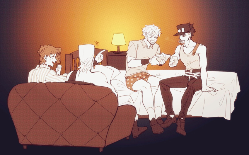 4boys beard bedroom boxers cigarette couch drink facial_hair jean_pierre_polnareff jojo_no_kimyou_na_bouken joseph_joestar joseph_joestar_(old) kakyoin_noriaki kujo_jotaro male_underwear monochrome multiple_boys on_bed pajamas polka_dot_underwear pouring sempon_(doppio_note) sepia shorts sitting sitting_on_bed stardust_crusaders too_many_cigarettes underwear