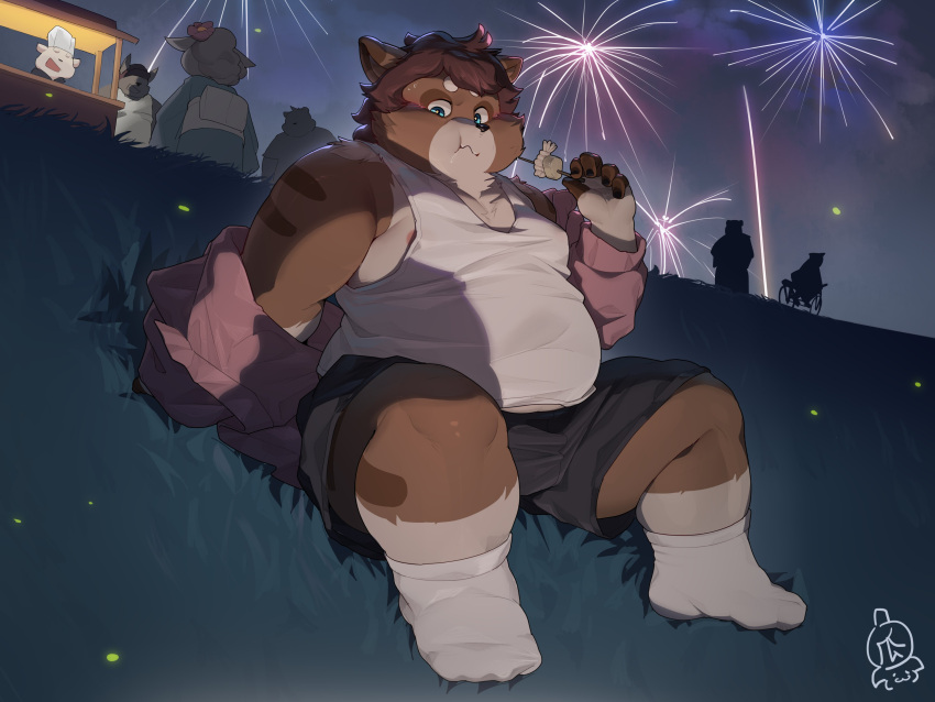 2022 absurd_res anthro belly bottomwear brown_body canid canine clothing detailed_background eating fireworks food group hi_res humanoid_hands kemono male mammal night outside overweight overweight_male piero03432812 raccoon_dog shirt shorts sitting tanuki topwear