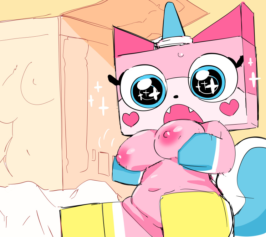 &lt;3 absurd_res animate_inanimate anthro big_breasts breasts cute_fangs domestic_cat featureless_feet featureless_hands felid feline felis female hi_res hybrid lego mammal nude open_mouth sitting sketch solo sparkling_eyes the_lego_movie unikitty uyu