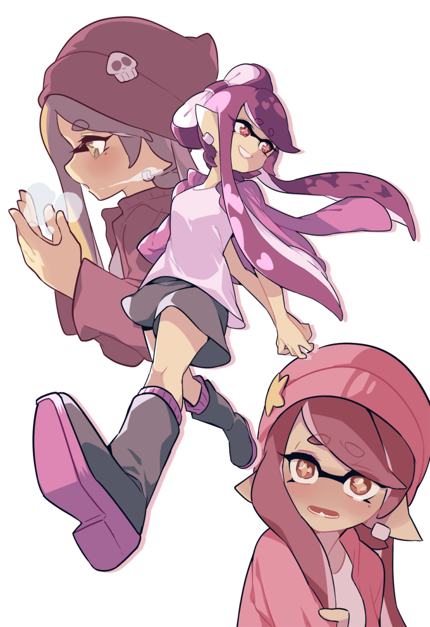 +_+ 1girl arms_behind_back beanie black_skirt blush boots breath callie_(splatoon) clothes_on_shoulders earrings fang gomipomi hat heart heart_print highres jewelry looking_to_the_side miniskirt mole mole_under_eye own_hands_together pink_hair purple_hair skirt skull_brooch solo splatoon_(series) star_brooch tied_hair walking