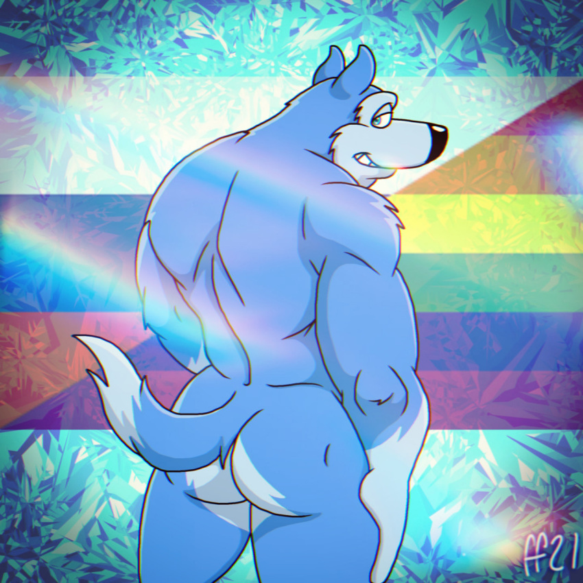 anthro blue_body blue_fur butt canid canine canis domestic_dog exile_(road_rovers) fabfelipe fur hi_res husky male mammal muscular muscular_anthro muscular_male nordic_sled_dog nude road_rovers solo spitz