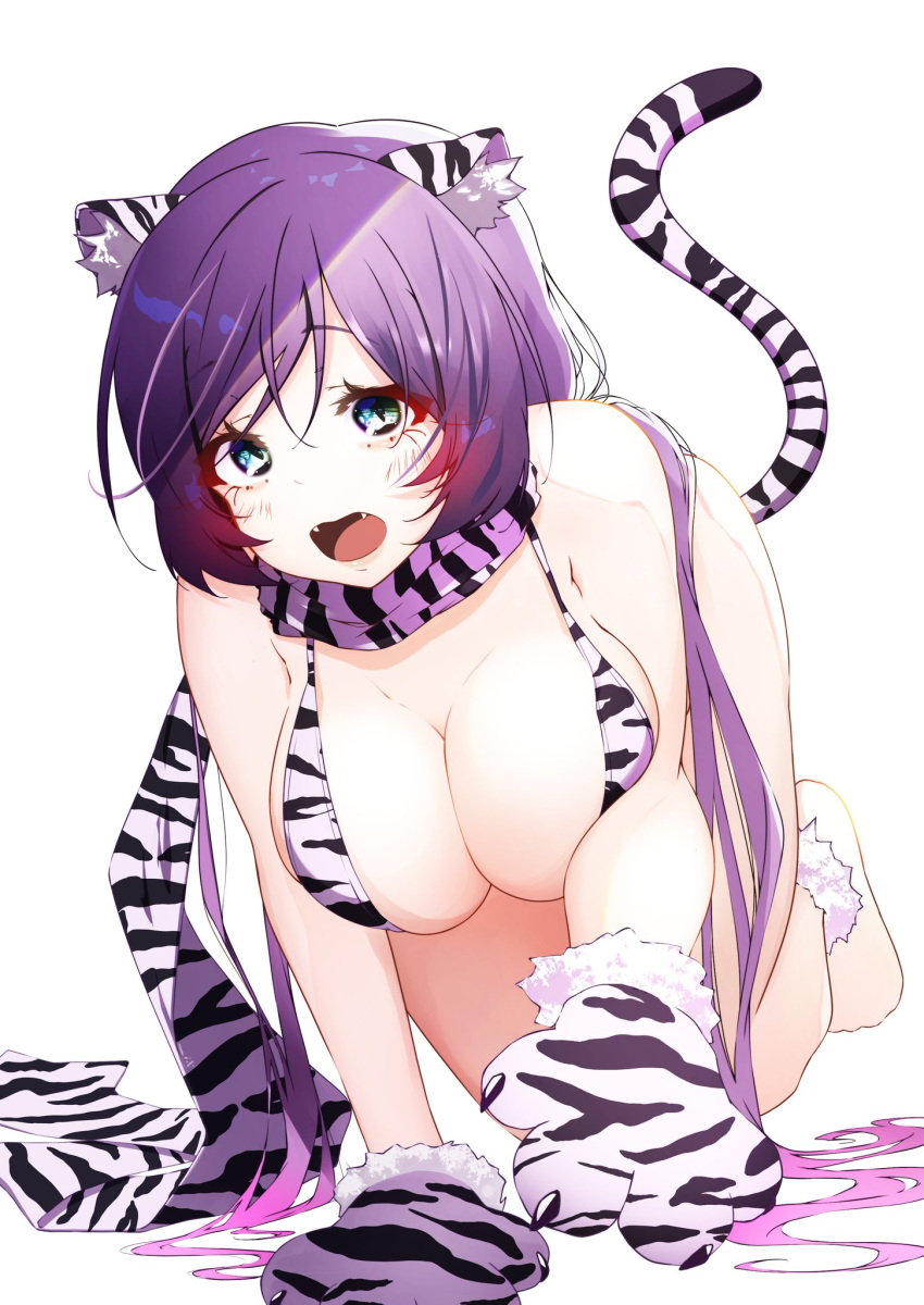 1girl :o all_fours animal_ear_fluff animal_ears animal_hands animal_print aqua_eyes bangs bikini blush breasts cleavage fangs gloves hanging_breasts highres large_breasts long_hair looking_at_viewer love_live! love_live!_school_idol_project low_twintails matatabianko open_mouth paw_gloves print_bikini print_scarf purple_hair scarf simple_background solo swept_bangs swimsuit tail tiger_ears tiger_girl tiger_print tiger_stripes tiger_tail toujou_nozomi twintails white_background