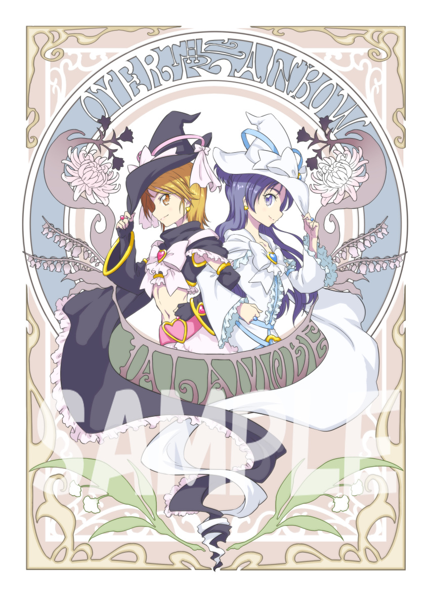 2girls absurdres alternate_costume art_nouveau back-to-back belt blonde_hair blue_eyes blue_hair bow brooch brown_eyes crop_top cure_black cure_white detached_sleeves earrings flower frilled_sleeves frills from_side futari_wa_precure futari_wa_precure_max_heart gloves hat hat_tip heart heart_belt heart_brooch highres jewelry locked_arms long_hair looking_back magical_girl mahou_girls_precure! matatabi_(karukan222) misumi_nagisa multiple_girls navel precure short_hair wide_sleeves witch_hat yukishiro_honoka