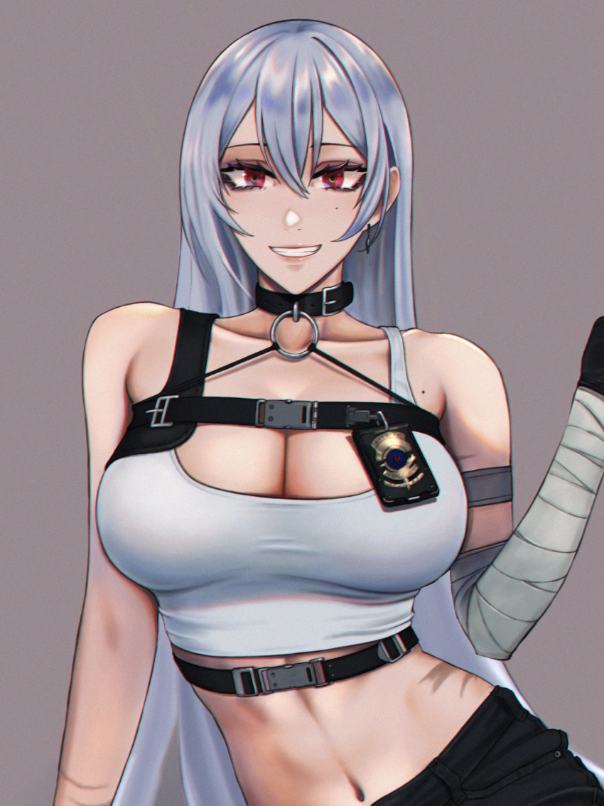 1girl arm_wrap azur_lane badge bandaged_arm bandages black_choker black_pants bra breasts brown_background choker cleavage commentary contrapposto earrings eyelashes grin hair_between_eyes highres hihizaru_badass jewelry large_breasts lips long_hair looking_at_viewer midriff mole mole_under_eye navel o-ring official_alternate_costume pants red_eyes silver_hair simple_background sleeveless smile solo sovetskaya_rossiya_(azur_lane) sovetskaya_rossiya_(the_lackadaisical_lookout)_(azur_lane) sports_bra straight_hair strap symbol-only_commentary underwear upper_body white_bra