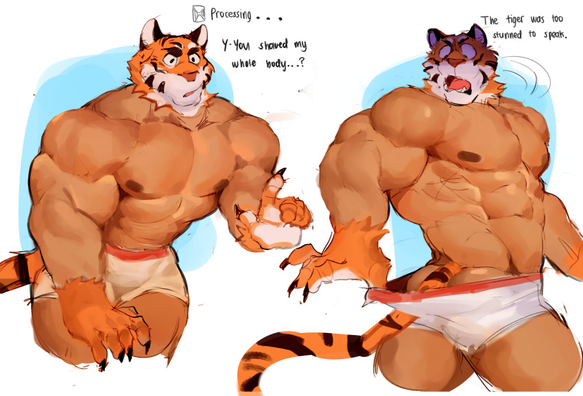 abs absurd_res anthro big_muscles black_body black_fur butt claws clothing english_text felid fur fur_loss hi_res looking_down male mammal muscular muscular_anthro muscular_male nipples o_reowoof open_mouth orange_body orange_fur pantherine pecs processing pulling_underwear shaved shocked shocked_expression solo standing stripes text thinking tiger underwear white_body white_fur