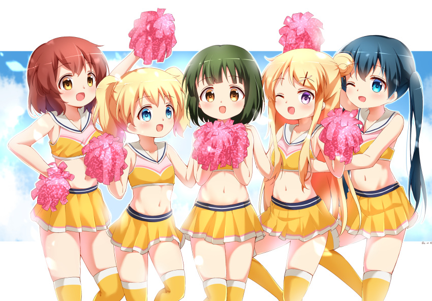 5girls :d alice_cartelet bare_arms bare_shoulders blush cheerleader commentary english_commentary everyone eyebrows_visible_through_hair groin highres inokuma_youko kin-iro_mosaic komichi_aya kujou_karen looking_at_viewer midriff miniskirt multiple_girls navel oomiya_shinobu open_mouth painter-lhb pink_pom_poms pleated_skirt pom_pom_(cheerleading) sailor_collar shirt skindentation skirt sleeveless sleeveless_shirt smile thighhighs white_sailor_collar yellow_legwear yellow_skirt