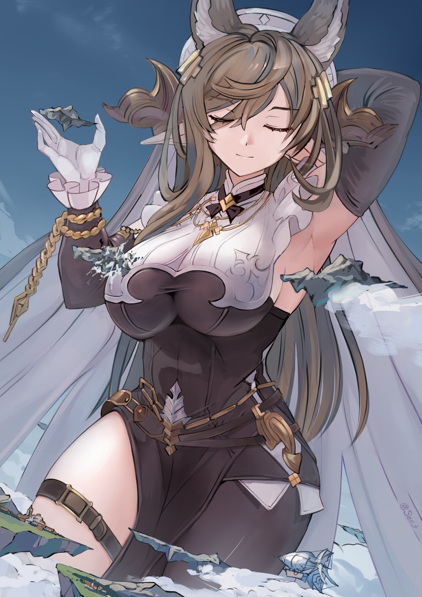 1girl absurdres aircraft airship animal_ears arm_behind_head armpits asymmetrical_legwear black_dress blue_hair breasts brown_hair closed_eyes cloud detached_sleeves dress extra_ears eyebrows_visible_through_hair floating_island frilled_sleeves frills galleon_(granblue_fantasy) giant giantess gloves granblue_fantasy hair_between_eyes highres horns large_breasts long_hair multicolored_hair pelvic_curtain pointy_ears seo_tatsuya single_leg_pantyhose single_thighhigh sky sleeveless sleeveless_dress smile standing streaked_hair thigh_strap thighhighs white_gloves