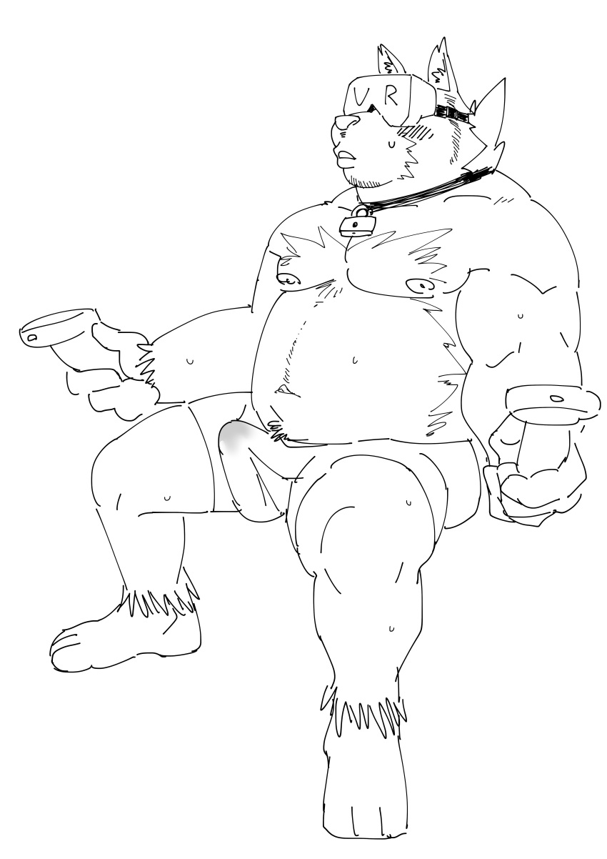 2019 absurd_res anthro belly bodily_fluids canid canine canis clothed clothing domestic_dog erection erection_under_clothing hi_res humanoid_hands kemono male mammal moobs navel nipples overweight overweight_male sitting sketch solo sweat ujishiyo underwear vr_headset
