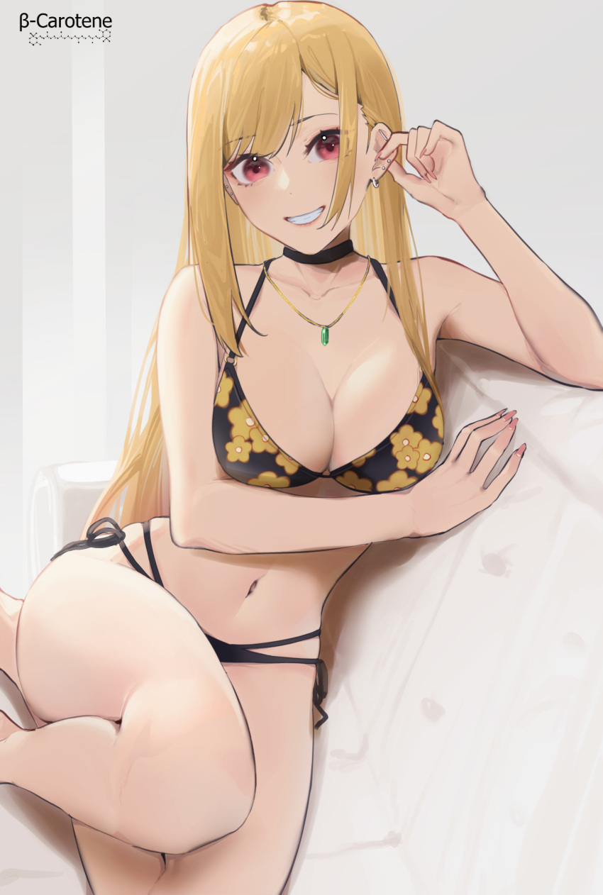 1girl absurdres barbell_piercing bikini black_bikini blonde_hair breasts cleavage commentary ear_piercing earrings grin highres jewelry kitagawa_marin long_hair looking_at_viewer lufi_ays navel necklace piercing red_eyes sitting smile solo sono_bisque_doll_wa_koi_wo_suru swimsuit