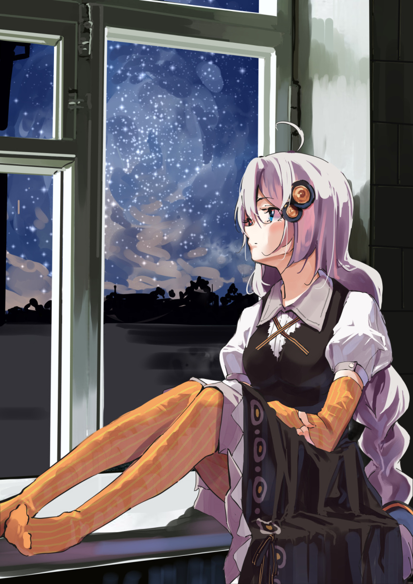 1girl ahoge bangs black_dress blue_eyes braid closed_mouth collared_shirt commentary commission dress elbow_gloves eyebrows_visible_through_hair fingerless_gloves gloves grey_hair hair_between_eyes hair_ornament highres indoors kizuna_akari lamb_(hitsujiniku) long_hair looking_away night night_sky no_shoes orange_gloves orange_legwear pantyhose puffy_short_sleeves puffy_sleeves shirt short_sleeves sitting sitting_in_window skeb_commission sky sleeveless sleeveless_shirt solo star_(sky) starry_sky striped striped_gloves striped_legwear vertical-striped_legwear vertical_stripes very_long_hair vocaloid voiceroid white_shirt