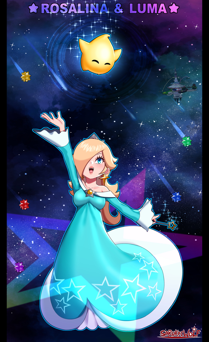 1girl absurdres arm_up artist_name bare_shoulders blue_dress blue_eyes character_name crown dress earrings eyelashes frilled_sleeves frills glowing hair_over_one_eye highres jewelry luma_(mario) mario_(series) mini_crown open_mouth rosalina sarukaiwolf smile space star_(symbol) star_bit star_earrings super_mario_galaxy wand