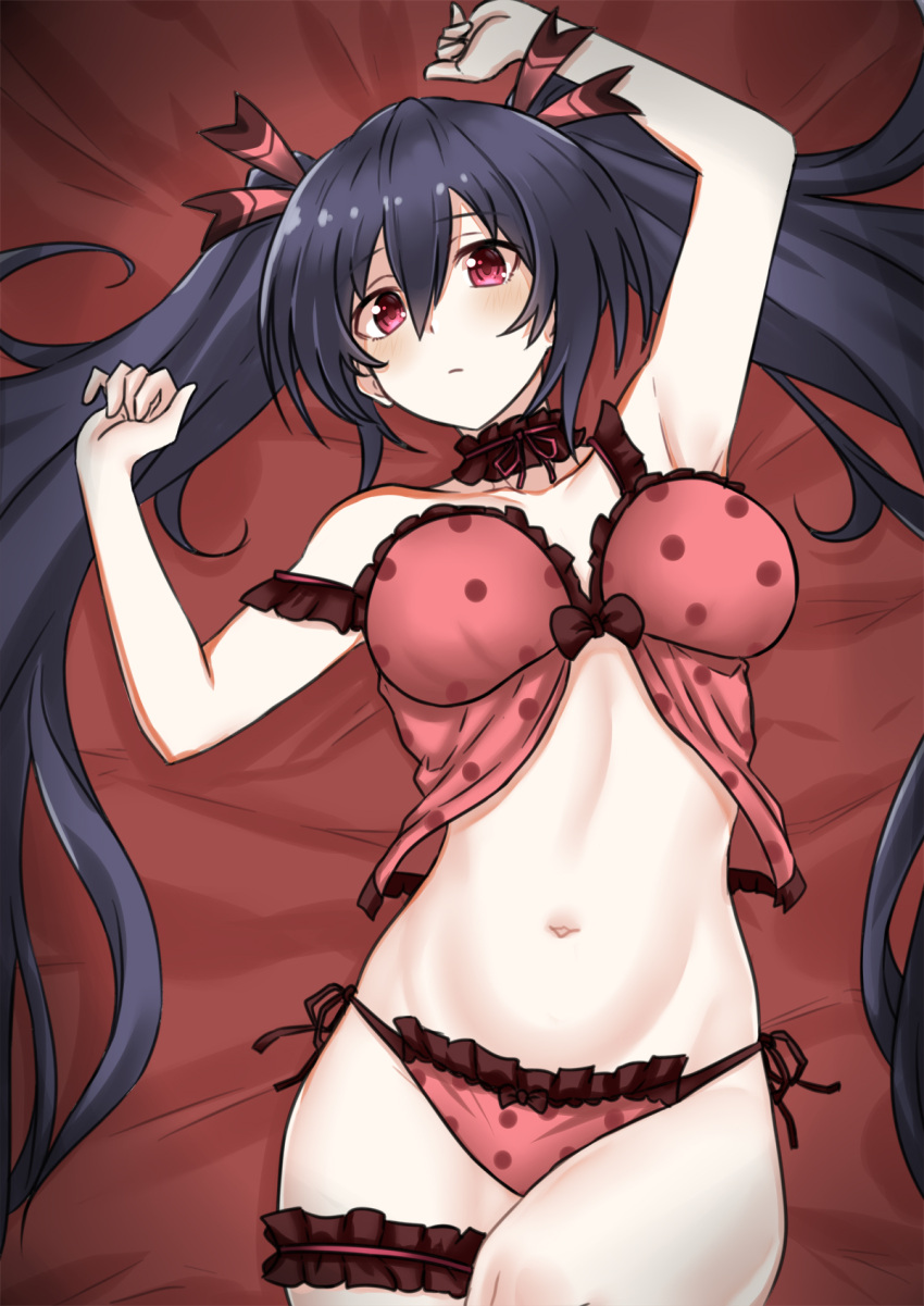 1girl bikini black_hair blush breasts eyebrows_visible_through_hair hair_between_eyes hair_ribbon highres large_breasts long_hair looking_at_viewer lying navel neptune_(series) noire_(neptune_series) on_back red_eyes ribbon solo swimsuit twintails very_long_hair white_background zatsu