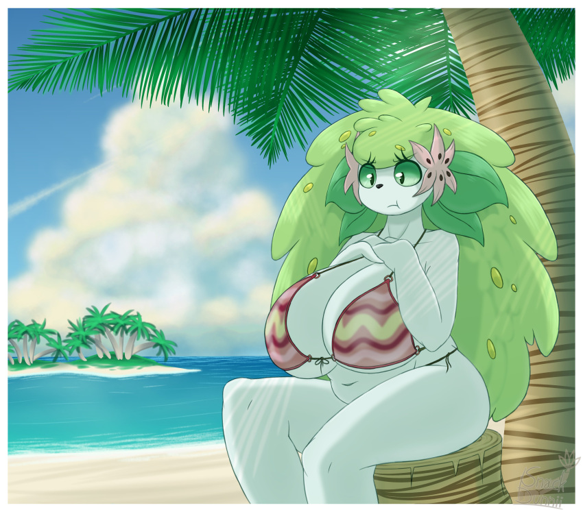 absurd_res anthro beach big_breasts bikini breasts cleavage clothed clothing detailed_background female hi_res huge_breasts legendary_pok&eacute;mon nintendo palm_tree plant pok&eacute;mon pok&eacute;mon_(species) seaside shaymin side-tie_bikini sitting snackbunnii solo swimwear tree video_games white_body