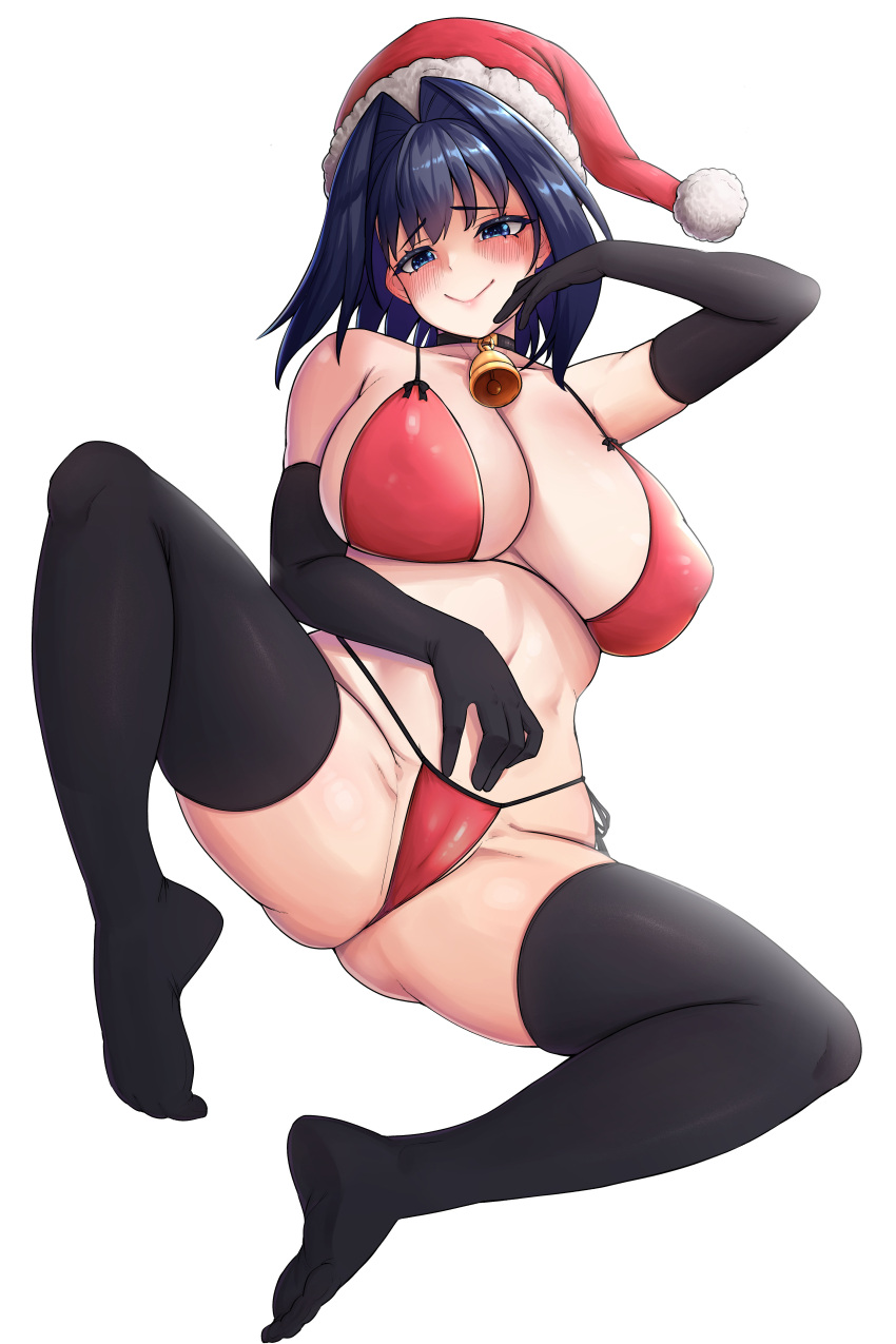 1girl absurdres bangs bell bikini black_gloves black_legwear blue_eyes blue_hair blush breasts covered_nipples elbow_gloves gloves hair_intakes hat highres hololive hololive_english huge_breasts looking_at_viewer navel neck_bell onesword ouro_kronii red_bikini santa_hat short_hair simple_background smile solo spread_legs swimsuit thighhighs virtual_youtuber white_background