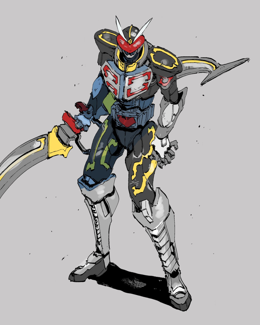 1boy armor black_armor black_bodysuit bodysuit boots bow_(weapon) cowboy_shot driver full_body heart highres holding holding_weapon huge_weapon ichitaka_(1015ichitaka) kamen_rider kamen_rider_blade_(series) kamen_rider_chalice oversized_object praying_mantis rider_belt shadow shoulder_armor silver_footwear sketch visor weapon