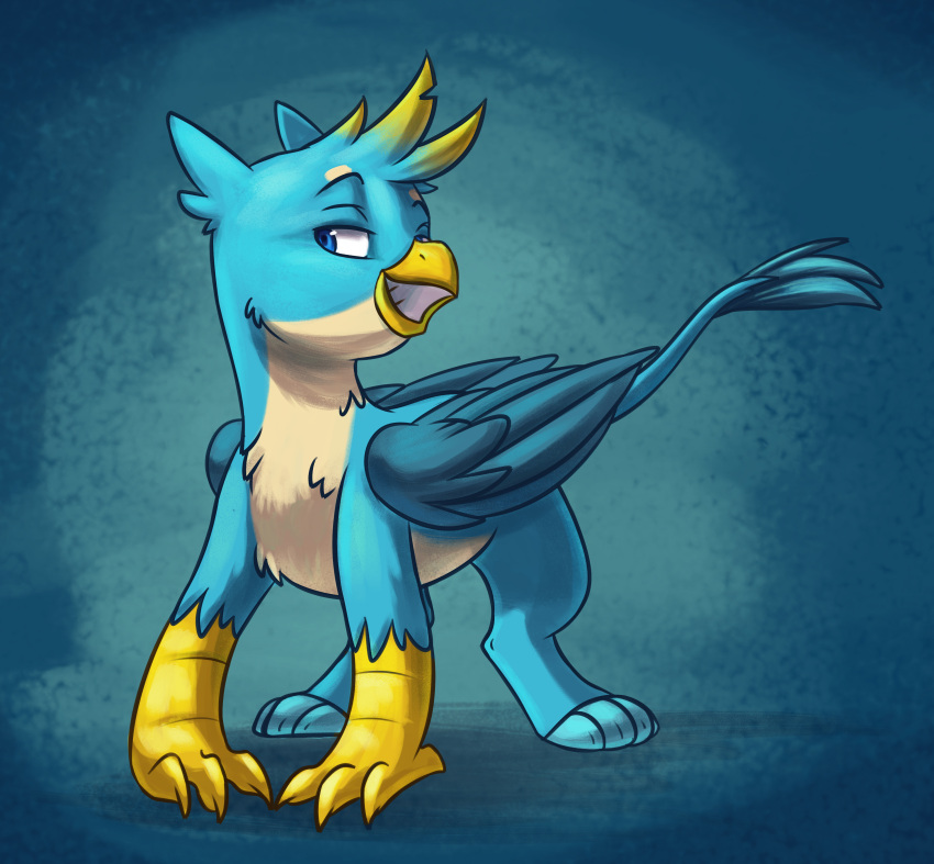 absurd_res avian beak blue_background blue_body blue_eyes blue_feathers chub-wub eyebrows feathers feral friendship_is_magic gallus_(mlp) grin gryphon hasbro hi_res long_tail male multicolored_body my_little_pony mythological_avian mythology simple_background smile smug solo tail_tuft tan_body tan_feathers tuft wings