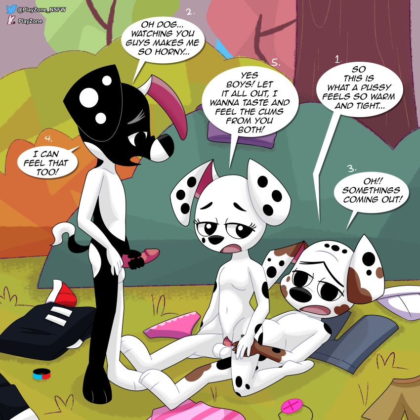 101_dalmatian_street 101_dalmatians absurd_res anthro balls black_body brother brother_and_sister canid canine canis clothing clothing_aside dalmatian deepak_(101_dalmatians) deja_vu_(101_dalmatians) dialogue diesel_(101_dalmatians) discarded_clothing disney domestic_dog erection exhibitionism female flat_chested genitals group hi_res imminent_orgasm incest_(lore) male male/female mammal masturbation nude penetration penis playzone public public_nudity pussy sex sibling sister slightly_chubby vaginal vaginal_penetration white_body young