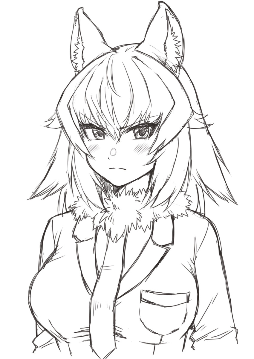 1girl animal_ears annoyed blush breast_pocket breasts closed_mouth eyebrows_visible_through_hair grey_wolf_(kemono_friends) greyscale highres kemono_friends kimurayou103 large_breasts long_hair looking_at_viewer monochrome necktie pocket sketch solo wolf_ears wolf_girl