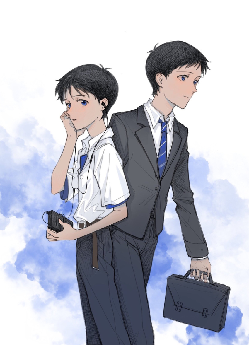 2boys age_difference bag belt black_bag black_hair black_pants black_suit blue_eyes blue_necktie blue_neckwear blue_shirt blue_sky brown_belt business_suit cable cassette_player closed_mouth cloud cloudy_sky collared_shirt deep53river diagonal-striped_neckwear diagonal_stripes earbuds earphones evangelion:_3.0+1.0_thrice_upon_a_time formal highres holding holding_bag holding_earphones ikari_shinji listening_to_music long_sleeves multiple_boys necktie neon_genesis_evangelion pants parted_lips rebuild_of_evangelion school_uniform shirt shirt_under_shirt short_hair short_sleeves sky standing striped striped_necktie suit suit_jacket time_paradox walking walkman white_background white_shirt