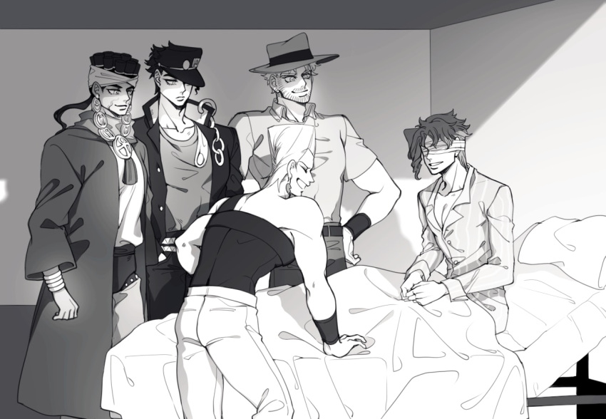 5boys bandages bandages_over_eyes beard bed facial_hair gakuran greyscale hat hierophant_green jean_pierre_polnareff jojo_no_kimyou_na_bouken kakyoin_noriaki kujo_jotaro long_coat mohammed_avdol monochrome multiple_boys on_bed pajamas school_uniform sempon_(doppio_note) stardust_crusaders