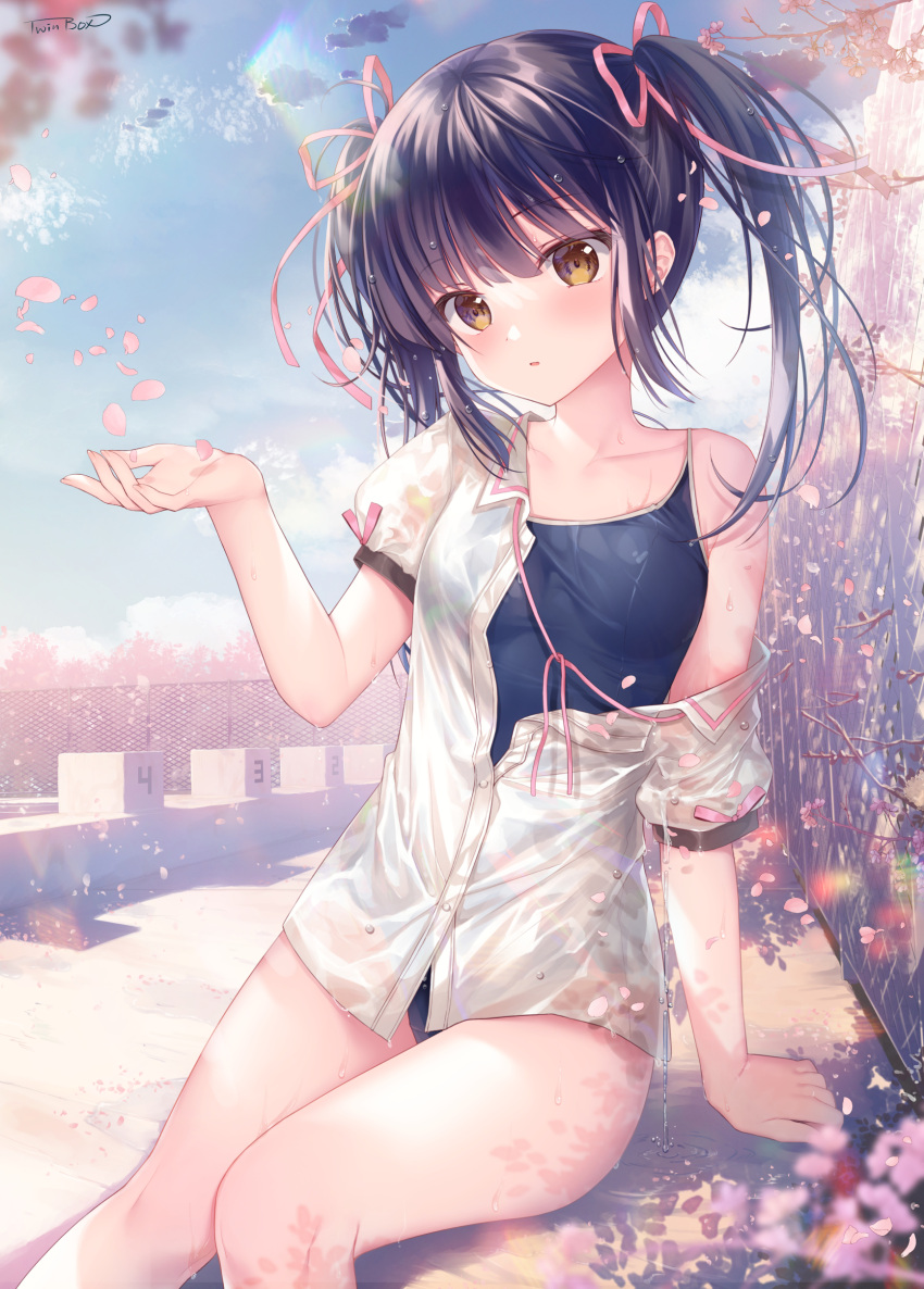 1girl absurdres bangs bare_shoulders black_hair black_swimsuit blue_sky blush breasts brown_eyes cloud collared_shirt commentary_request day dress_shirt eyebrows_visible_through_hair feet_out_of_frame hair_ribbon hand_up highres kodama_haruka looking_at_viewer off_shoulder one-piece_swimsuit outdoors parted_lips petals pink_ribbon puffy_short_sleeves puffy_sleeves ribbon see-through shirt short_sleeves signature sky small_breasts solo sousouman swimsuit swimsuit_under_clothes twinbox_school twintails wet wet_clothes wet_shirt white_shirt