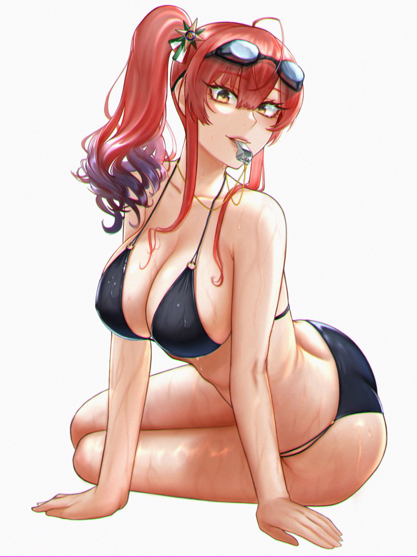 1girl ahoge arm_support ass asymmetrical_hair azur_lane bikini black_bikini blue_hair breasts cleavage commentary eyebrows_visible_through_hair eyelashes full_body goggles goggles_on_head gradient_hair hair_between_eyes hair_ornament highres hihizaru_badass italian_flag large_breasts legs_together lips long_hair looking_at_viewer mouth_hold multicolored_hair o-ring o-ring_bikini official_alternate_costume parted_lips red_hair side_ponytail sidelocks simple_background sitting smile solo string_bikini swimsuit thighs two-tone_hair wet whistle whistle_around_neck white_background yellow_eyes zara_(azur_lane) zara_(poolside_coincidence)_(azur_lane)