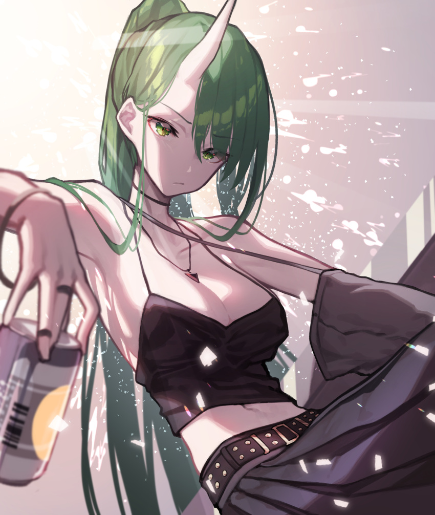 1girl absurdres arknights belt beudelb black_halter_top breasts can choker cleavage closed_mouth collarbone cowboy_shot crop_top eyebrows_visible_through_hair green_eyes green_hair grey_skirt hair_between_eyes halter_top halterneck highres holding holding_can horns hoshiguma_(arknights) jewelry large_breasts long_hair looking_at_viewer midriff necklace pendant pleated_skirt single_horn sitting skin-covered_horns skirt solo spaghetti_strap sparks stomach very_long_hair
