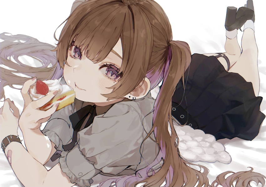 bandaid bandaid_on_arm bed_sheet black_footwear black_skirt blush bracelet brown_bracelet brown_hair closed_mouth daluto_(hitomi555) earrings eating feathered_wings fingernails food food_on_face frills fruit highres holding holding_food jewelry long_hair looking_at_viewer lying mini_wings mole mole_under_eye multicolored_hair o-ring on_stomach original pink_nails purple_eyes purple_hair ribbon skirt socks spiked_bracelet spikes strawberry strawberry_shortcake thigh_strap twintails very_long_hair wings