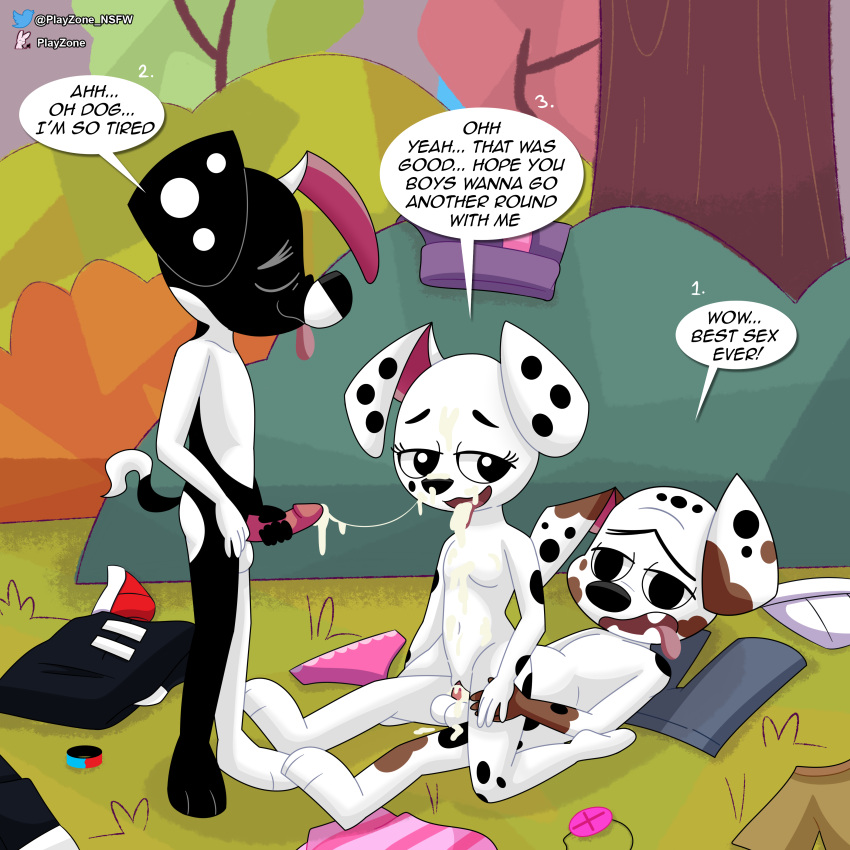 101_dalmatian_street 101_dalmatians absurd_res after_sex anthro balls black_body bodily_fluids brother brother_and_sister canid canine canis clothing clothing_aside cum cum_in_mouth cum_inside cum_on_chest cum_on_face dalmatian deepak_(101_dalmatians) deja_vu_(101_dalmatians) dialogue diesel_(101_dalmatians) discarded_clothing disney domestic_dog exhibitionism female genital_fluids genitals group hi_res incest_(lore) male male/female mammal masturbation nude penis playzone public public_nudity sex sibling sister slightly_chubby tongue tongue_out white_body young