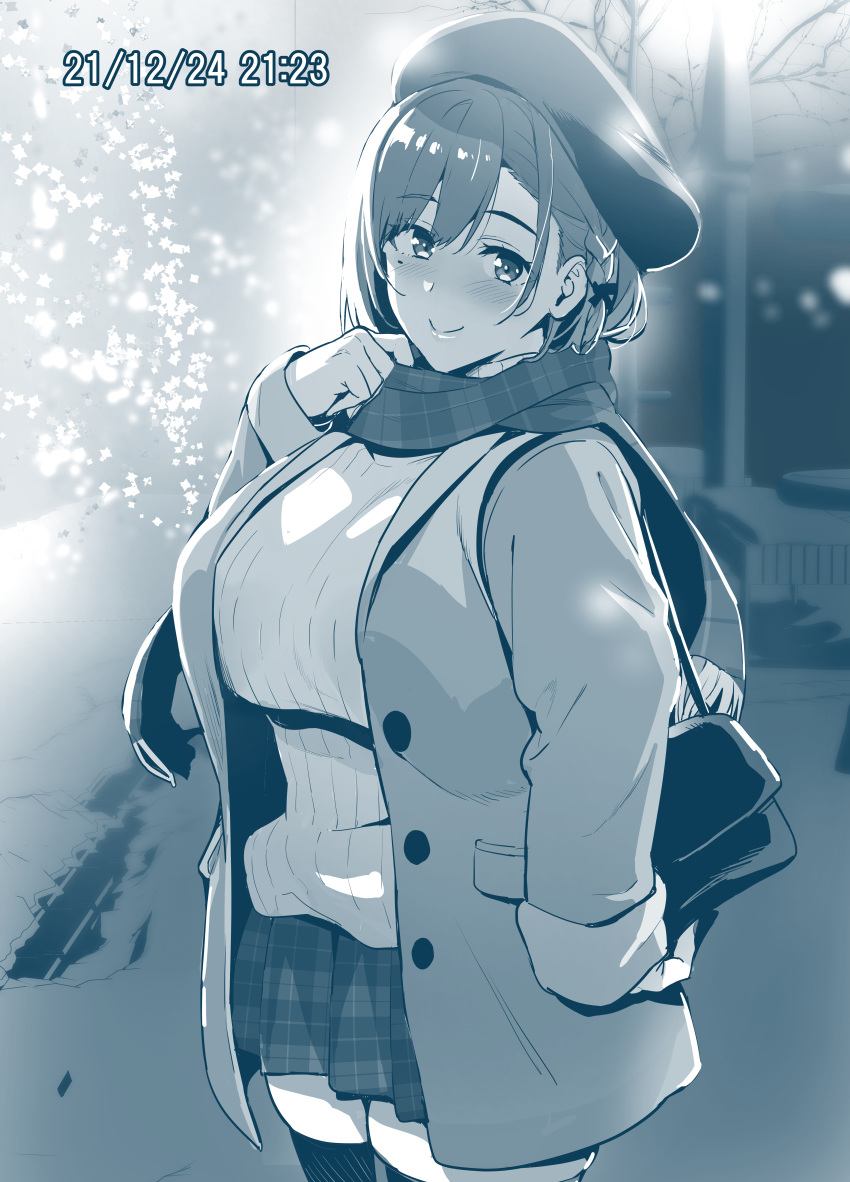 1girl absurdres bag blue_theme blush braid breasts closed_mouth coat cowboy_shot hat highres huge_breasts long_sleeves looking_at_viewer miniskirt mole mole_under_eye monochrome open_clothes open_coat original pleated_skirt shoulder_bag skirt smile solo sweater takeda_hiromitsu timestamp