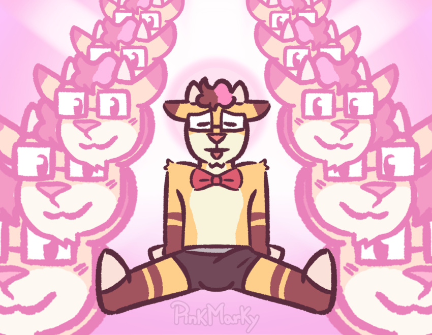 anthro bovid bow_tie bulge caprine clothing eyes_closed eyewear fur genital_outline glasses goat hair hooves horn male mammal penis_outline pink_hair pink_marky sitting solo tongue tongue_out underwear yellow_body yellow_fur