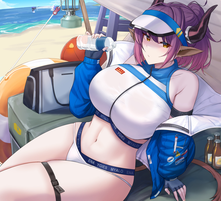 1girl absurdres arknights ball beach beachball bikini blue_gloves blue_jacket blush bottle breasts brown_eyes english_commentary fingerless_gloves gloves hat highres horns jacket kanta_(kanta_077) large_breasts long_hair long_sleeves navel ocean official_alternate_costume outdoors pointy_ears ponytail purple_hair sideroca_(arknights) sideroca_(light_breeze)_(arknights) sitting solo swimsuit thigh_strap thighs visor_cap water_bottle white_bikini