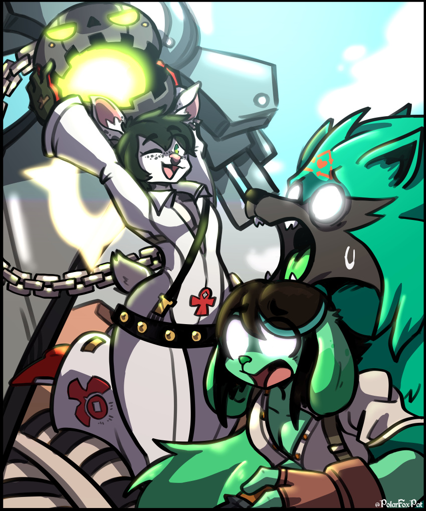 absurd_res anthro black_body black_fur black_hair bodily_fluids canid canine canis cervid chain clothed clothing cosplay detailed_background domestic_dog duo ear_piercing fighting_pose freckles fur giovanna_(guilty_gear) glowing glowing_eyes green_body green_fur green_tongue grimmjow_ookami guilty_gear hair hi_res jack-o'_valentine male male/male mammal no_pupils one_eye_closed piercing pink_tongue polarfoxpat pose rei_(guilty_gear) smile sue_lee surprise sweat tongue white_body white_fur wink