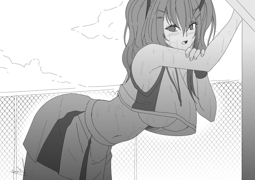 1girl azur_lane bent_over blush breasts bremerton_(azur_lane) bremerton_(scorching-hot_training)_(azur_lane) cheerleader cloud cloudy_sky crop_top feet_out_of_frame fence from_side hair_ornament hairclip highres large_breasts looking_at_viewer medium_hair monochrome navel open_mouth outdoors revian_samuel_dani sidelocks signature skirt sky stomach sweat teeth tongue underboob upper_teeth wristband