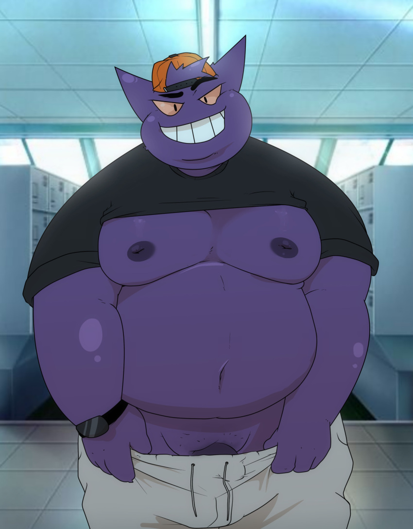 2022 absurd_res anthro belly bottomwear clothing generation_1_pokemon gengar genitals hat headgear headwear hi_res humanoid_hands kemono male moobs nintendo nipples overweight overweight_anthro overweight_male pants penis pokemon pokemon_(species) purple_body qqmelon888 shirt solo topwear undressing