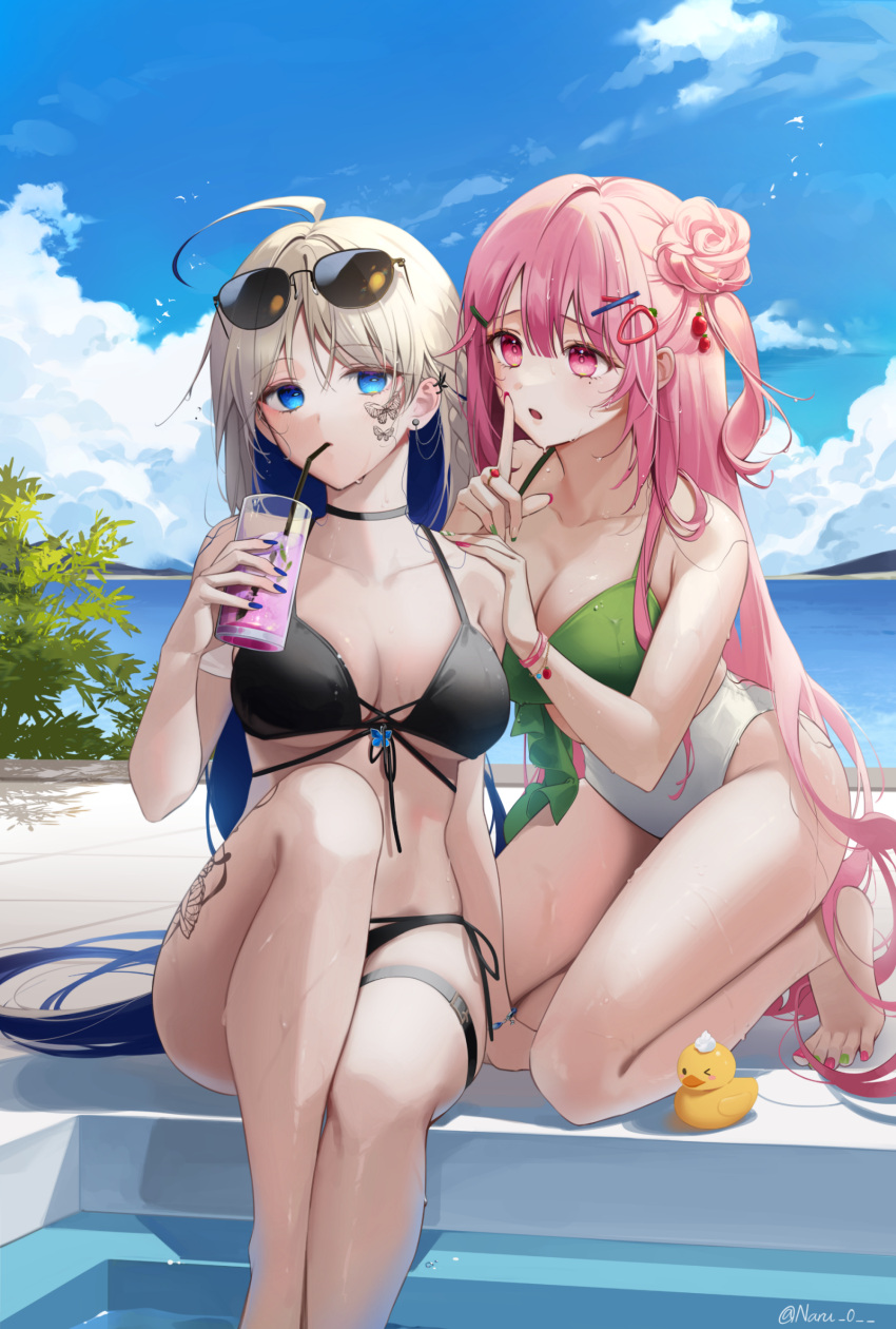 2girls absurdres ahoge bangs bikini black_bikini black_choker blue_eyes blue_nails blue_sky bracelet breasts butterfly_tattoo choker cleavage cloud collarbone commentary_request cup drinking drinking_glass drinking_straw drinking_straw_in_mouth ear_piercing eyewear_on_head facial_tattoo flower hair_flower hair_ornament hairclip highres index_finger_raised jewelry kneeling large_breasts leg_tattoo looking_at_another looking_at_viewer mismatched_bikini mole mole_under_eye multi-strapped_bikini multicolored_nails multiple_girls nail_polish naru_0 open_mouth original piercing pink_eyes pink_flower pink_hair pink_nails pink_rose pool poolside raised_eyebrows rose rubber_duck silver_hair sitting skindentation sky sunglasses swimsuit tattoo thigh_strap toenail_polish toenails water wet