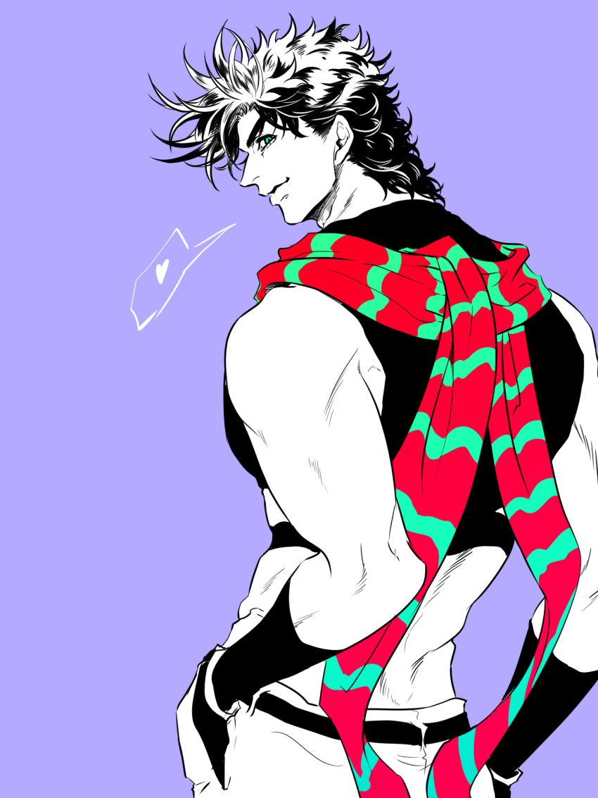 1boy aqua_scarf battle_tendency crop_top fingerless_gloves flat_color from_behind gloves green_eyes hands_in_pockets heart highres jojo_no_kimyou_na_bouken joseph_joestar joseph_joestar_(young) male_focus midriff multicolored_clothes multicolored_scarf p_(asobijanenda) red_scarf scarf solo spoken_heart spot_color striped striped_scarf vertical-striped_scarf vertical_stripes