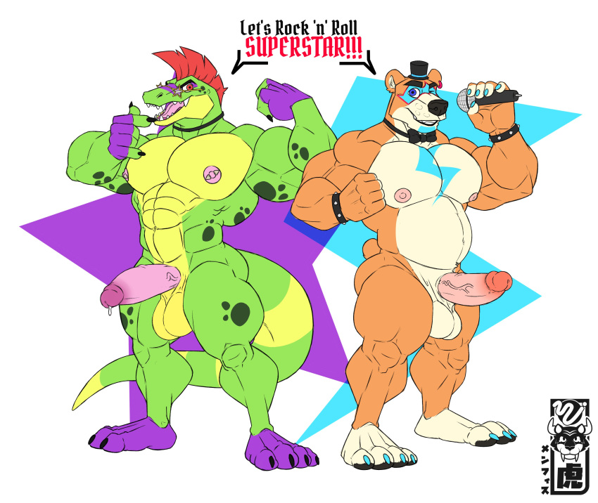 2022 abs absurd_res alligator alligatorid anthro balls belly biceps big_balls big_muscles big_penis bodily_fluids bow_tie bracelet claws clothing crocodilian dialogue duo ear_piercing ear_ring english_text erection eyebrows eyewear facial_markings fingerless_gloves five_nights_at_freddy's five_nights_at_freddy's:_security_breach fur genital_fluids genitals glamrock_freddy_(fnaf) gloves handwear hat head_markings headgear headwear hi_res holding_microphone holding_object humanoid_genitalia humanoid_penis jewelry looking_at_viewer male mammal markings memphis_tigre microphone mohawk montgomery_gator_(fnaf) musclegut muscular muscular_anthro muscular_male navel nipple_piercing nipples non-mammal_balls non-mammal_nipples nude obliques one_eye_closed open_mouth open_smile pecs penis piercing precum reptile scalie scottgames simple_background smile spiked_bracelet spikes standing sunglasses talking_to_viewer teeth text thick_thighs tongue top_hat tuft ursid video_games watermark wink