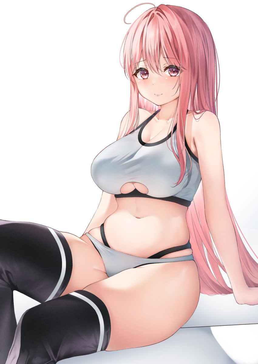 1girl absurdres ahoge bangs black_legwear breasts character_request cleavage closed_mouth collarbone commentary_request crop_top eyebrows_visible_through_hair grey_panties hair_between_eyes highres large_breasts long_hair looking_at_viewer nagi_aoi navel panties pink_hair simple_background sitting smile solo tank_top thighhighs underwear white_background