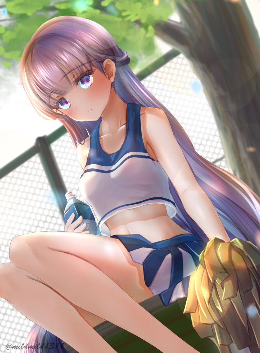 1girl absurdly_long_hair bare_shoulders blush breasts cheerleader clear_glass_(mildmild1311) collarbone commission commissioner_upload crop_top fire_emblem fire_emblem:_the_binding_blade highres holding holding_pom_poms long_hair midriff miniskirt navel pleated_skirt pom_pom_(cheerleading) purple_eyes purple_hair shirt simple_background sitting skeb_commission skirt sleeveless sleeveless_shirt small_breasts solo sophia_(fire_emblem) stomach tree very_long_hair