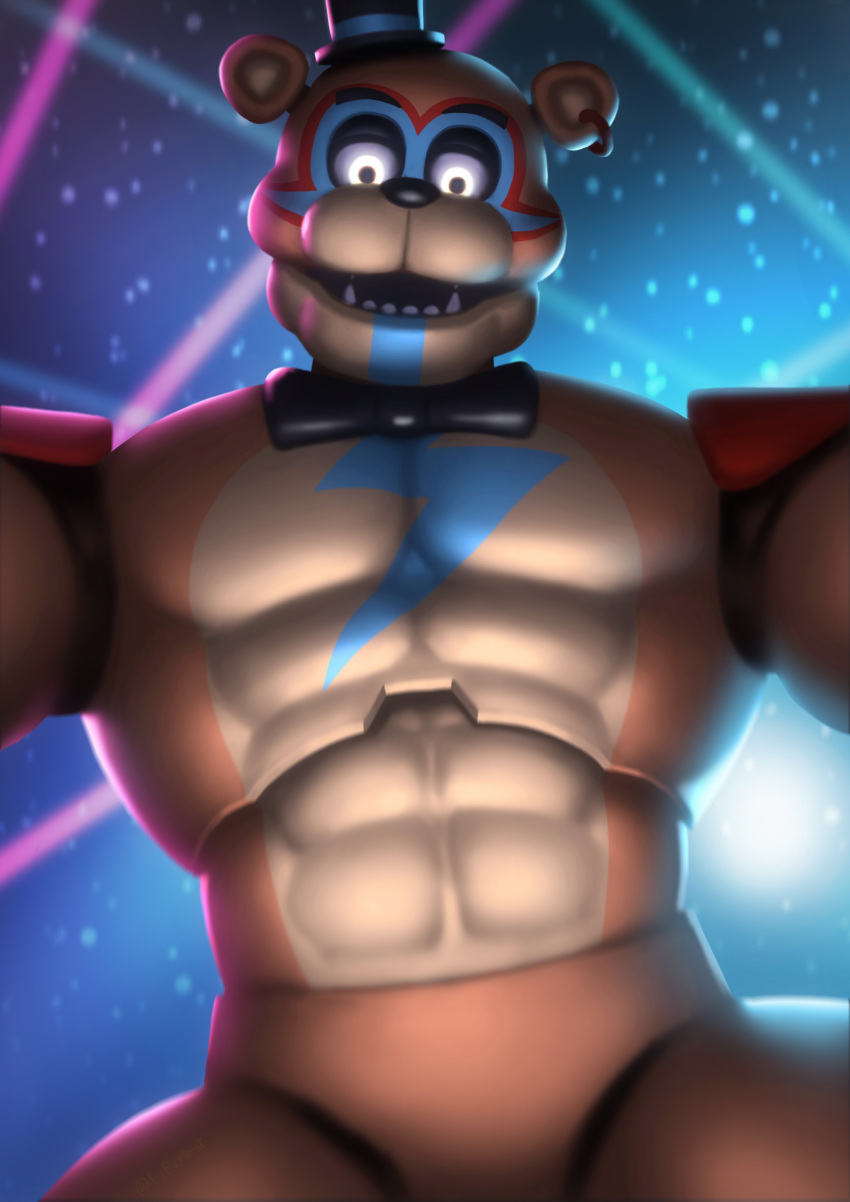 2022 abs absurd_res animatronic anthro big_muscles bow_tie clothing ear_piercing ear_ring earthist eyebrows facial_markings five_nights_at_freddy's five_nights_at_freddy's:_security_breach front_view glamrock_freddy_(fnaf) hat head_markings headgear headwear hi_res inside light looking_at_viewer machine male mammal markings muscular muscular_anthro muscular_male neon nude open_mouth open_smile pecs piercing robot scottgames shoulder_pads smile solo teeth top_hat ursid video_games