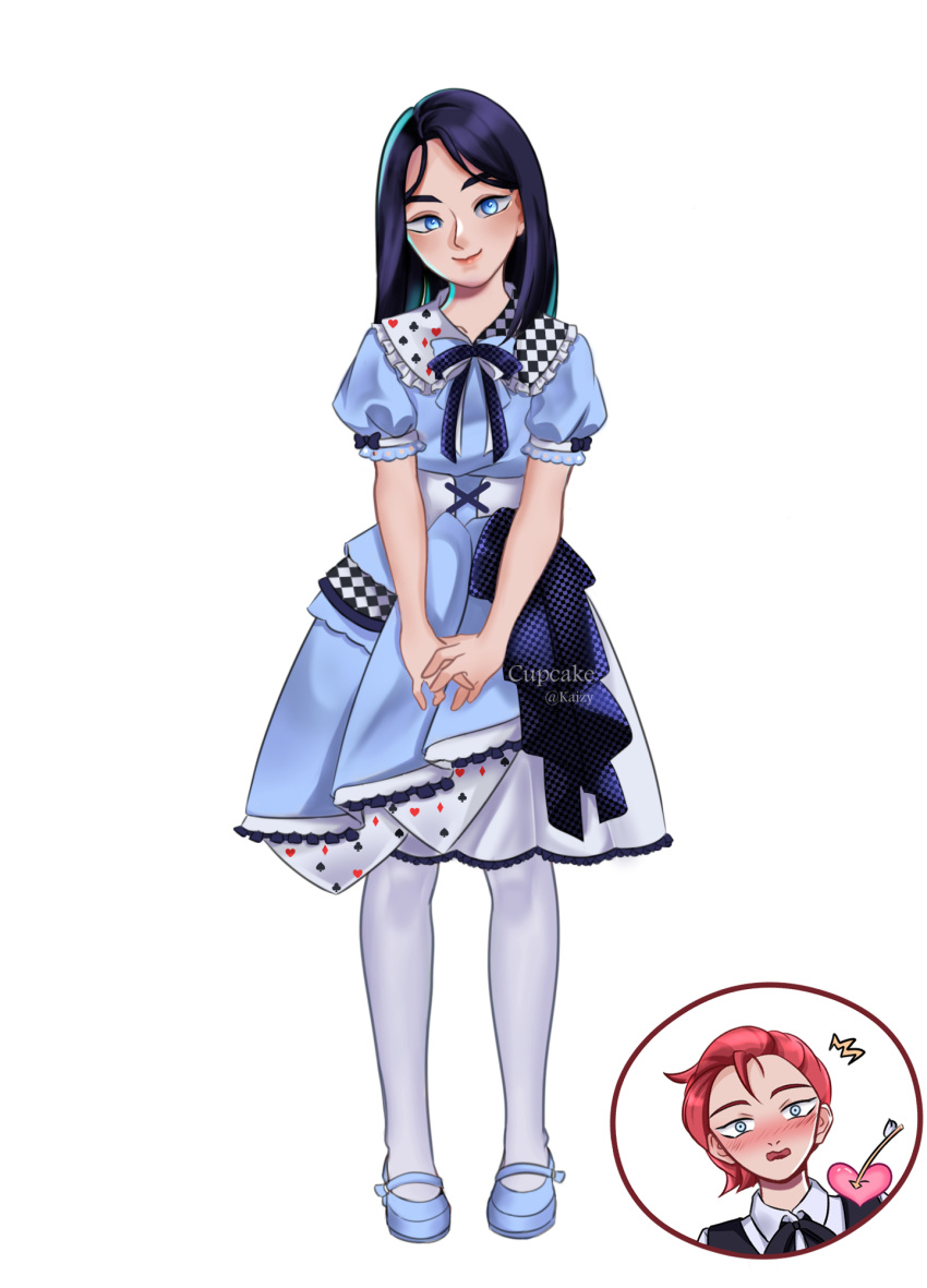 2girls arcane:_league_of_legends arrow_through_heart artist_name bangs black_hair black_ribbon blue_bow blue_bowtie blue_dress blue_eyes blue_footwear blush bow bowtie caitlyn_(league_of_legends) checkered_clothes clothing_request dress full_body heart highres kaizy_(kaizy_07) league_of_legends long_hair looking_at_viewer multiple_girls open_mouth own_hands_together puffy_short_sleeves puffy_sleeves red_hair ribbon shoes short_hair short_sleeves smile solo_focus standing vi_(league_of_legends) white_background yuri
