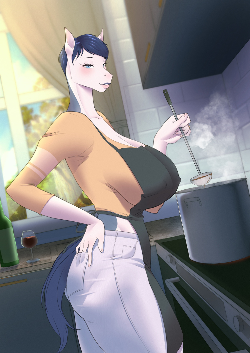 absurd_res alcohol anthro beverage big_breasts big_butt blush breasts butt clothed clothing container cooking cup digital_media_(artwork) drinking_glass equid equine female glass glass_container glass_cup hair hi_res horse kitchen looking_at_viewer mammal margaret_lilac_(plna) mature_female smile solo window wine wine_glass zanzagen
