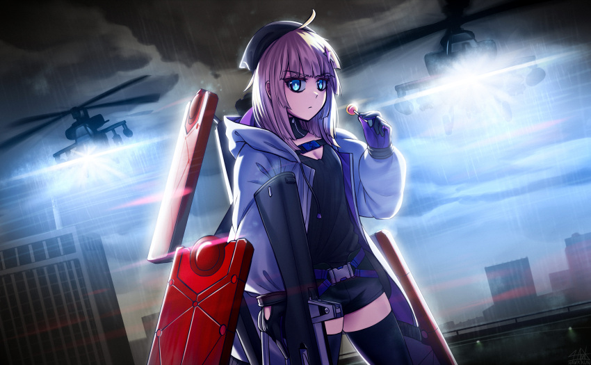 1girl aa-12 aa-12_(girls'_frontline) absurdres ahoge aircraft baggy_clothes black_headwear black_sweater blonde_hair blue_eyes breasts candy coat food girls'_frontline gun hair_ornament hat helicopter highres holding holding_candy holding_food holding_gun holding_lollipop holding_weapon lollipop long_sleeves medium_breasts metal_gear_(series) metal_gear_rising:_revengeance open_clothes open_coat outdoors rain rooftop senpaihawkkun shotgun solo standing star_(symbol) star_hair_ornament sweater weapon