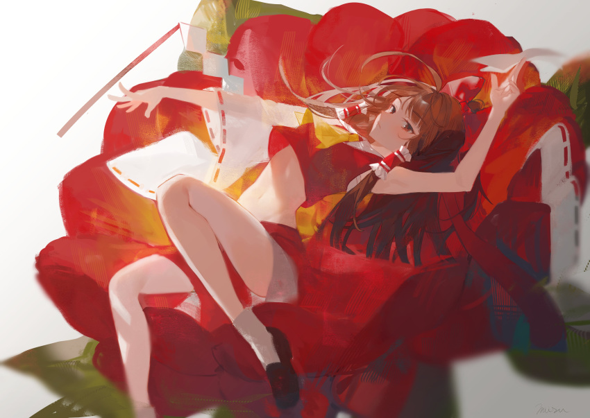 1girl absurdres blush bow brown_footwear brown_hair expressionless floating_hair flower gohei hair_tubes hakurei_reimu highres leaning_back long_hair misu_(miisuuu) nontraditional_miko open_hand paper red_bow red_eyes red_flower red_skirt skirt solo touhou