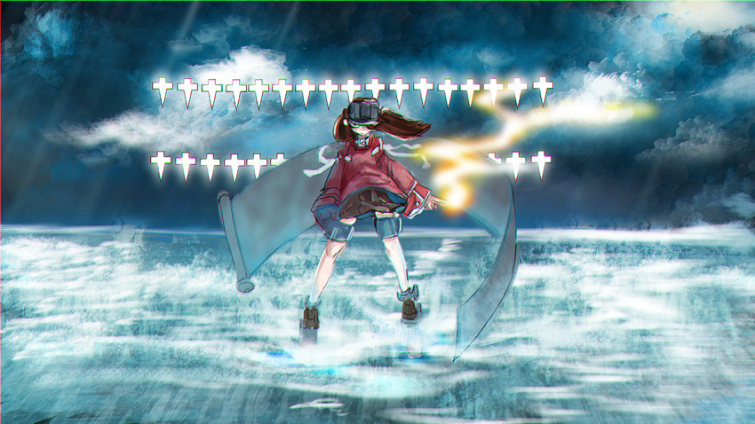 1girl bangs brown_hair brown_skirt closed_mouth cloud cloudy_sky commentary_request gomio_(bb-k) hat japanese_clothes kantai_collection kariginu long_sleeves looking_at_viewer onmyouji outdoors pleated_skirt rigging ryuujou_(kancolle) scroll shikigami skirt sky standing twintails visor_cap water wide_sleeves
