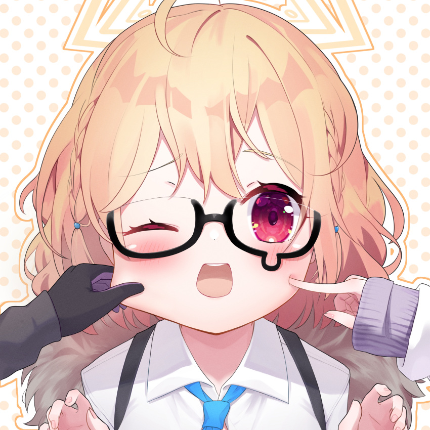 1girl absurdres blonde_hair blue_archive blush cal_minutes cheek_pinching cheek_poking commentary_request glasses halo highres jacket kotori_(blue_archive) looking_at_viewer necktie open_mouth pinching poking polka_dot polka_dot_background portrait red_eyes short_hair solo_focus