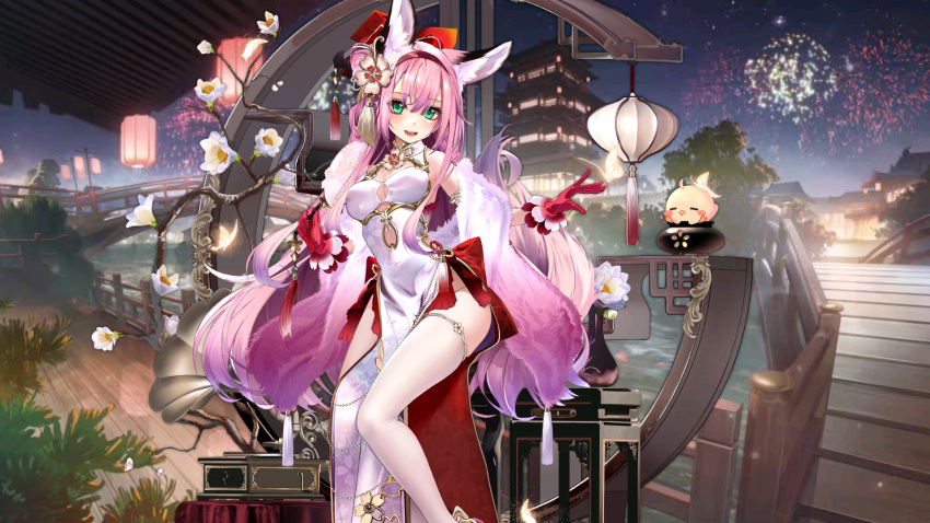 1girl animal_ear_fluff animal_ears azur_lane bare_shoulders china_dress chinese_clothes chinese_new_year clothing_cutout dress eyebrows_visible_through_hair eyes_visible_through_hair flower full_body gloves green_eyes hair_flower hair_ornament hair_over_shoulder hairband hanazuki_(azur_lane) hanazuki_(blossoming_spring_resplendent_moon)_(azur_lane) highres long_hair looking_at_viewer official_alternate_costume open_mouth parted_lips pelvic_curtain pink_footwear pink_gloves pink_hair pink_hairband red_gloves shirokitsune solo tail teeth thighhighs upper_teeth white_dress white_legwear