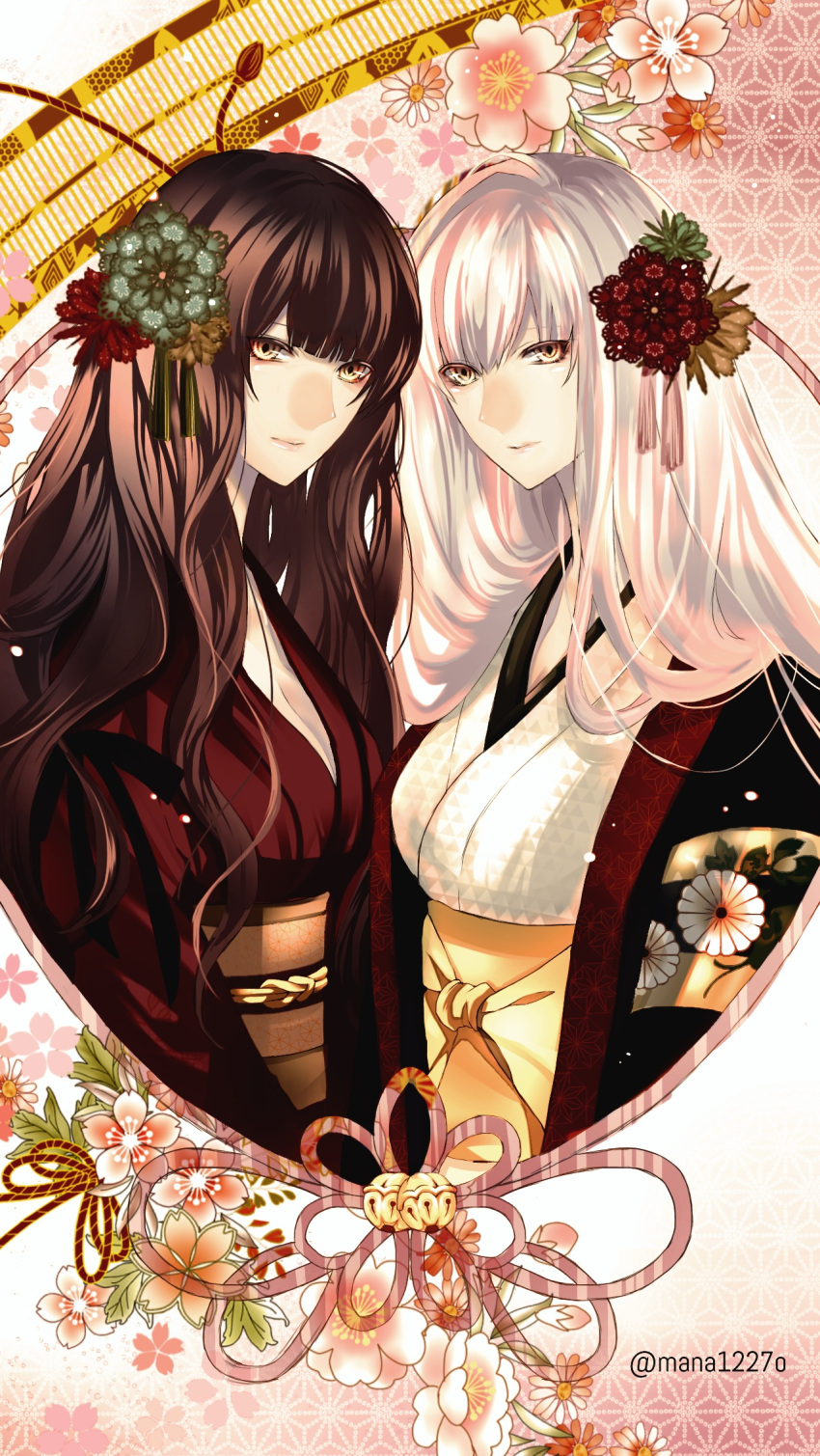 2girls bangs black_hair breasts brown_eyes closed_mouth fatal_frame fatal_frame_2 fatal_frame_4 floral_print flower haibara_sakuya hair_flower hair_ornament highres japanese_clothes kamiyamana kimono kureha_(fatal_frame_ii) long_hair looking_at_viewer medium_breasts multiple_girls obi sash smile twitter_username upper_body white_hair